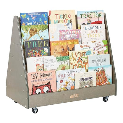 ECR4Kids Double-Sided Wooden Mobile Book Display and Storage, Montessori Furniture, Grey Wash