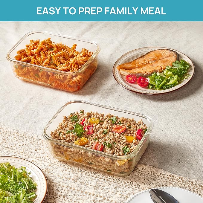 Vtopmart 2Pack 1860ml/63oz Large Glass Containers Food Storage with Lids, Meal Prep Food Container Set with Snap Airtight Lid for Baking, Microwave, Oven, Leak Proof, for Freezer, Dishwasher, Green