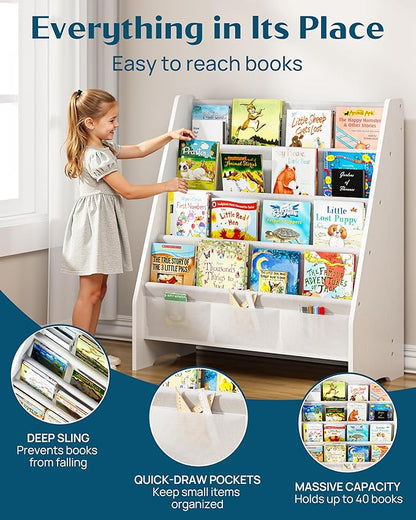SEIRIONE Sturdy Kids Bookshelf,4-Tier Book Shelf for Kids Room with Tear-Proof Oxford Fabric-Nursery Room Playroom Classroom,Deep Slings to Keep Books Upright,Ideal Height for Toddler Age 3+, White