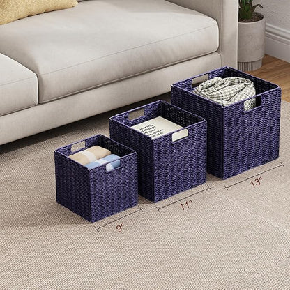 Vagusicc Wicker Storage Basket, Set of 2 Hand-Woven Paper Rope Wicker Basket, Foldable Cube Storage Bins, Square Large Storage Baskets for Organizing Shelves, Decor, Orange (13″×13″×13″)