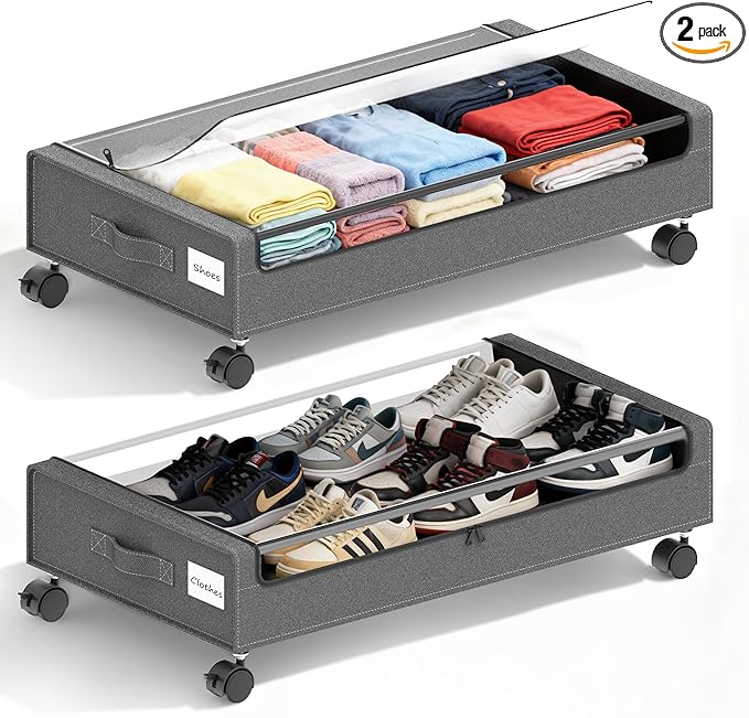 VXEAPADE Under Bed Storage with Wheels - 2Pack Underbed Storage Containers with Clear Lid & Label, Under The Bed Rolling Storage Bins for Shoes, Clothes, Blankets, Books (Grey, Large)