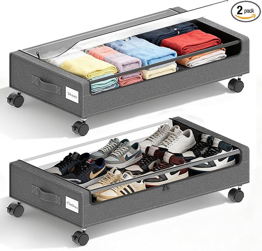 VXEAPADE Under Bed Storage with Wheels - 2Pack Underbed Storage Containers with Clear Lid & Label, Under The Bed Rolling Storage Bins for Shoes, Clothes, Blankets, Books (Grey, Large)