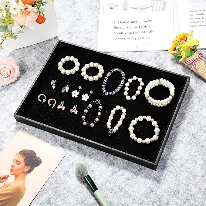 Quelay Velvet Stackable Jewelry Tray Showcase Display, Jewelry Organizer Tray Bracelet Ring Earring Necklace Organizer Empty Plate for Drawers Countertop (Black,20 Pcs)