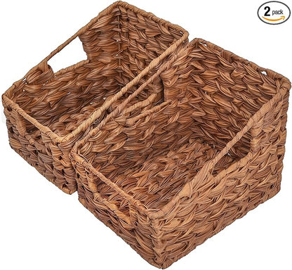 GRANNY SAYS Wicker Storage Baskets for Shelves, Trapezoid Woven Basket with Handles, Waterproof Storage Wicker Baskets for Organizing Pantry Cabinet, Caramel Orange, 2-Pack