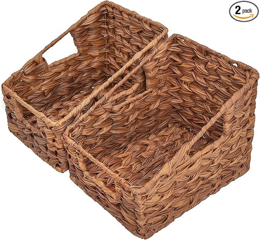 GRANNY SAYS Wicker Storage Baskets for Shelves, Trapezoid Woven Basket with Handles, Waterproof Storage Wicker Baskets for Organizing Pantry Cabinet, Caramel Orange, 2-Pack