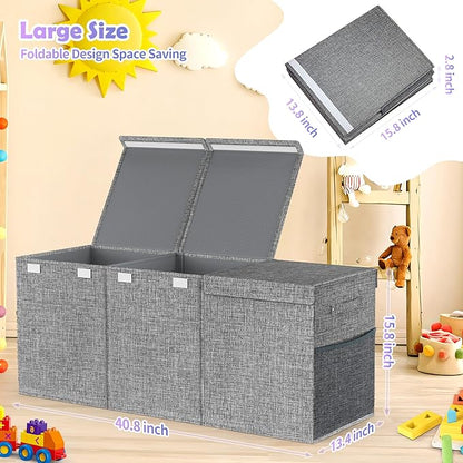 Extra Large Toy Box Chest with Lids, Collapsible Sturdy Kids Toy Storage Organizer Boxes for Boys Girls, 40"x14"x16", Toybox Storage Bins Basket for Living Room, Bedroom, Nursery, Gray