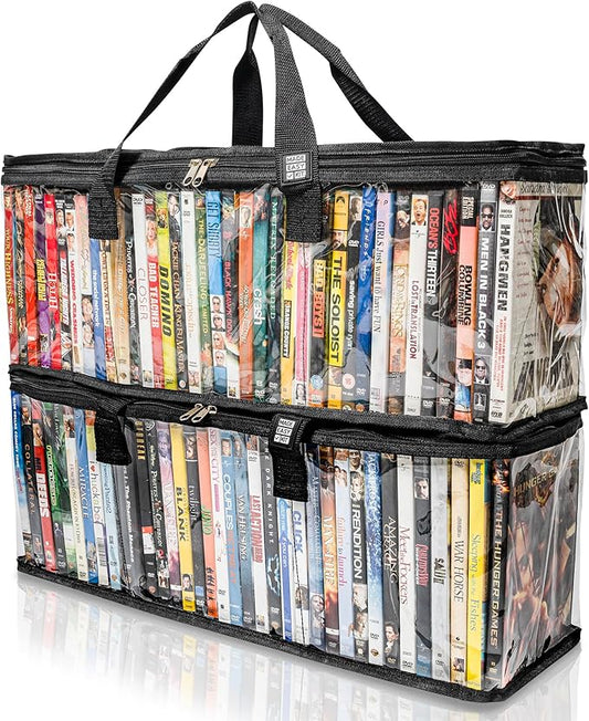 Made Easy Kit Clear View Media Storage Bag for DVDs, VHS & Video Game Cases- Protect Your Collection & Preserve The Quality of Your Cases - Stackable, Space-Saving, Fits 40 (Black DVD, 2-Pack)