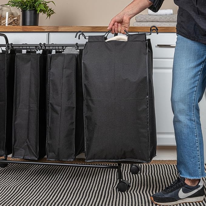 Household Essentials Rolling Laundry Sorter, 4 Bag Laundry Sorter Cart with Washable and Removable Bags, Black
