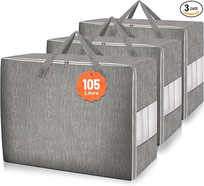 Karceyworth 3 Pack 105L Comforter Storage Bags, Extra Large Bedding Storage Bags with Sturdy Zipper and Reinforced Handle, Clear Window, Moving Closet Organizers for Comforters and Blankets, Pillows