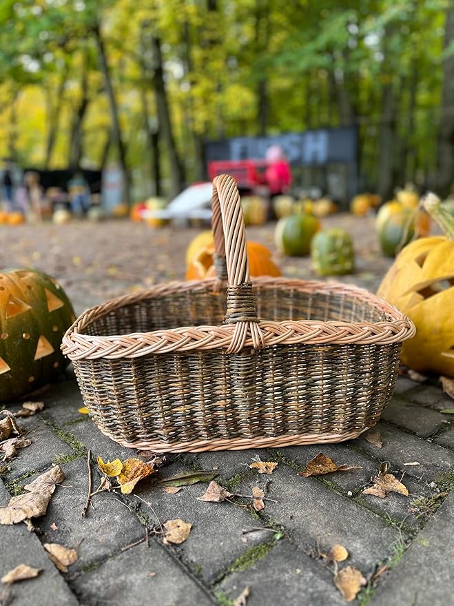 Handwoven Willow Basket with Braided Handle – Rustic Wicker Storage Basket - 11.81W x 17.32L x 10.24H (#1)