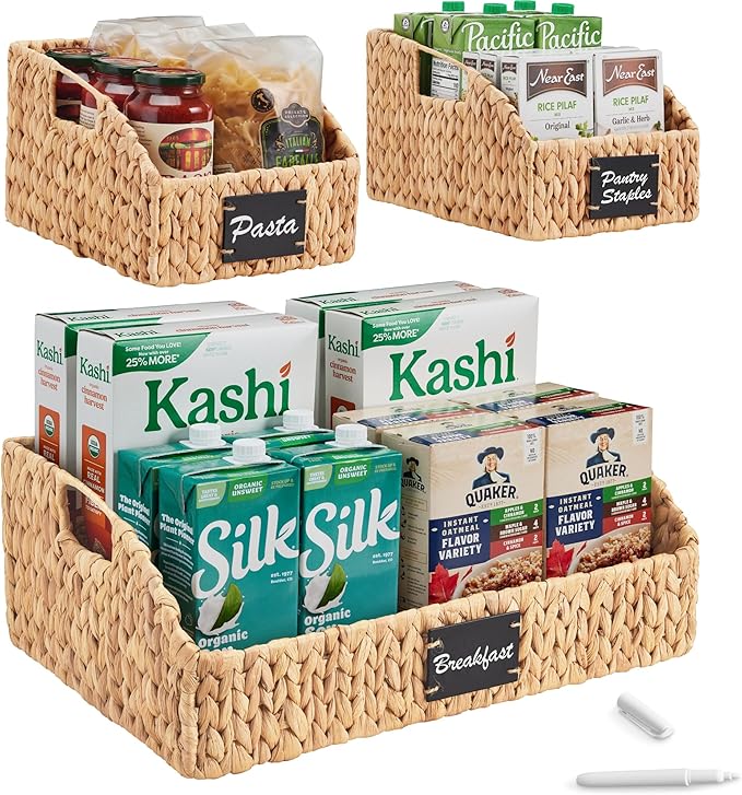 Best Choice Products Natural Hyacinth Angled Pantry Storage Baskets, Large Woven Wicker Storage Bins w/Handles, Storage Container Baskets for Shelves, Chalkboard Label & Marker (Set of 3) - Natural