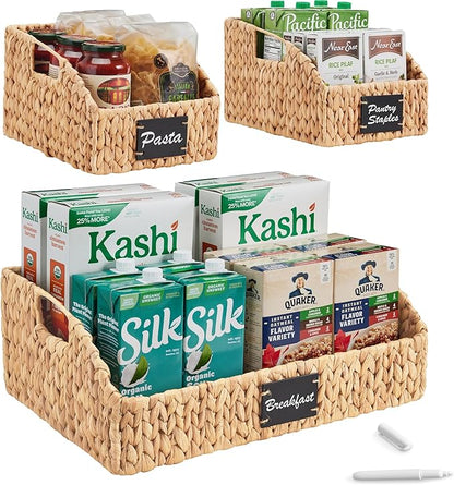 Best Choice Products Natural Hyacinth Angled Pantry Storage Baskets, Large Woven Wicker Storage Bins w/Handles, Storage Container Baskets for Shelves, Chalkboard Label & Marker (Set of 3) - Natural