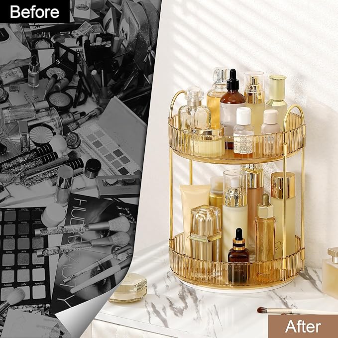 Weidace 360 Rotating Makeup Organizer for Vanity, Bathroom Countertop Spinning Perfume Organizer, High-Capacity Cosmetic and Skincare Dresser Make Up Holder Rack (2 Tiers, Yellow)