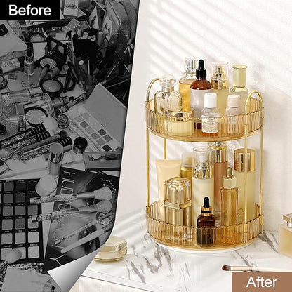 Weidace 360 Rotating Makeup Organizer for Vanity, Bathroom Countertop Spinning Perfume Organizer, High-Capacity Cosmetic and Skincare Dresser Make Up Holder Rack (2 Tiers, Yellow)