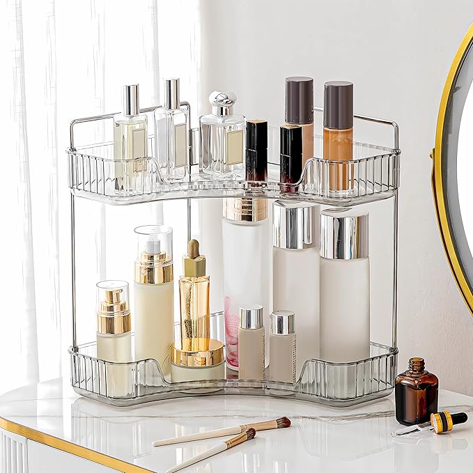 Weidace Corner Bathroom Counter Organizer Bathroom Countertop Shelf Makeup Organizer for Vanity Perfume Tray for Corner Storage (2 Tiers, Grey)
