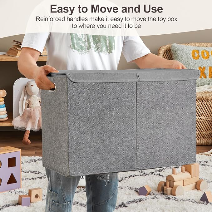 Large Toy Storage Box with Lid, Collapsible Toys Storage Organizer Bins with Dividers and Handles, Storage Chest Bin for Kids, Boys, Girls, Nursery 25"x13" x16" (Gray)