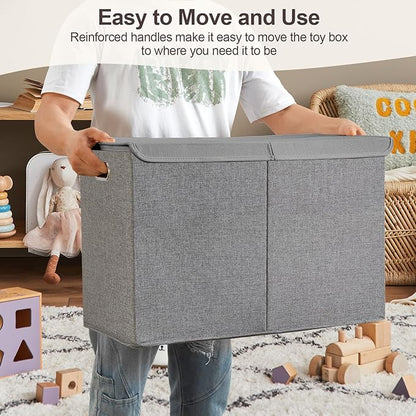 Large Toy Storage Box with Lid, Collapsible Toys Storage Organizer Bins with Dividers and Handles, Storage Chest Bin for Kids, Boys, Girls, Nursery 25"x13" x16" (Gray)