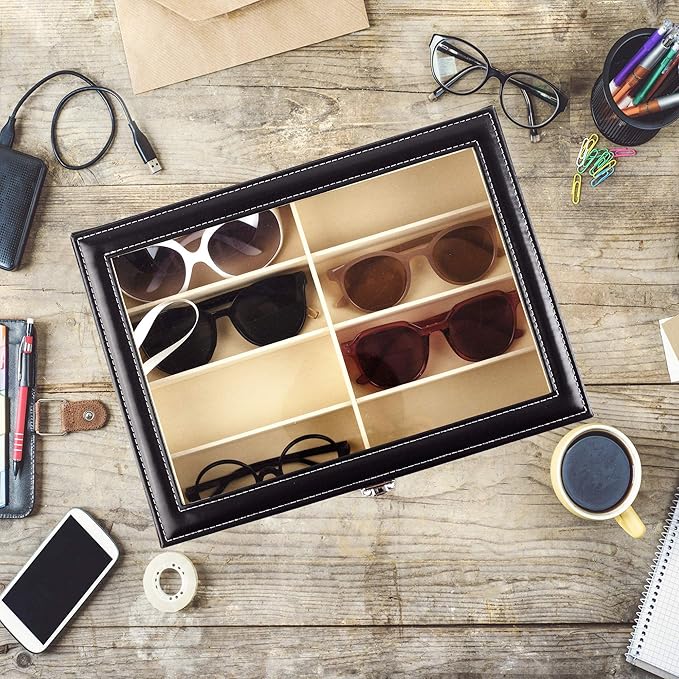 Siveit 8 Slot Sunglass Organizer Leather Eyeglasses Collector Eyewear Display Case Storage Box, Black