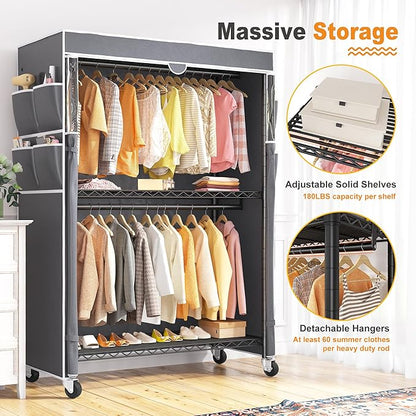 Raybee Clothes Rack with Cover, 81" H Clothing Racks for Hanging Clothes, Portable Closet with Wheels, Heavy Duty Garment Rack with Side Pockets and Adjustable Feets, Max Load 440LBS, Black