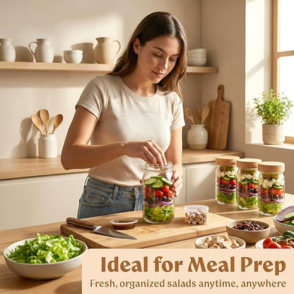 4 Pack Glass Salad Jars Pod with Wooden Lids for Meal Prep, Leakproof Container with Two Small Built in Cups for Wet/Dry Separation for Salad Dressing and Ingredients, 32oz Mason Jars
