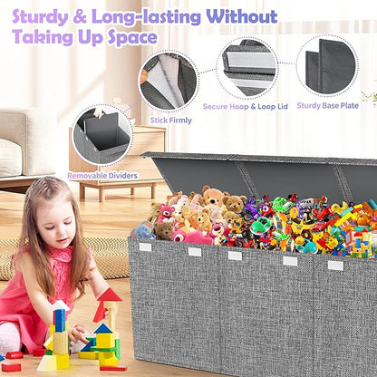 Extra Large Toy Box Chest with Lids, Collapsible Sturdy Kids Toy Storage Organizer Boxes for Boys Girls, 40"x14"x16", Toybox Storage Bins Basket for Living Room, Bedroom, Nursery, Gray