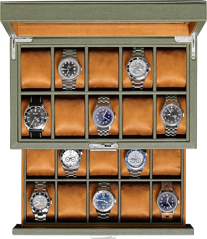 ROTHWELL 20 Slot Leather Watch box - Luxury Case Display Jewelry Organizer, - Locking Display Case Holder with Large Real Glass Top - Watch Box Organizer for Men and Women (Green/Tan)