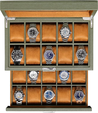 ROTHWELL 20 Slot Leather Watch box - Luxury Case Display Jewelry Organizer, - Locking Display Case Holder with Large Real Glass Top - Watch Box Organizer for Men and Women (Green/Tan)