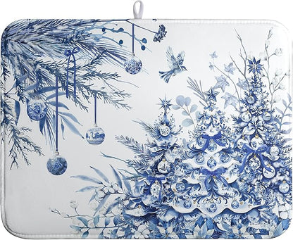 Wnoesat Christmas Tree Dish Drying Mat for Kitchen Counter 18x24 Inch Blue White Chinoiserie Winter Xmas Holiday Drying Mats Microfiber Absorbent Dish Draining Reusable Dish Drainer Pad