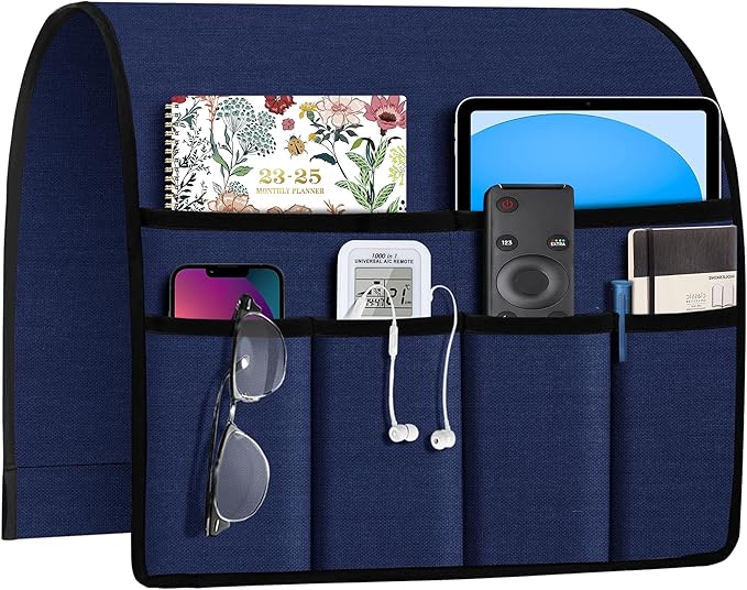 Joywell Remote Holder for Recliner Armchair Caddy Couch Armrest Non Slip Sofa Arm Chair Caddie with 6 Pocket for Magazine, Tablet, Phone, iPad, Think Linen, Classic Blue