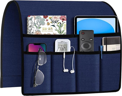 Joywell Remote Holder for Recliner Armchair Caddy Couch Armrest Non Slip Sofa Arm Chair Caddie with 6 Pocket for Magazine, Tablet, Phone, iPad, Think Linen, Classic Blue