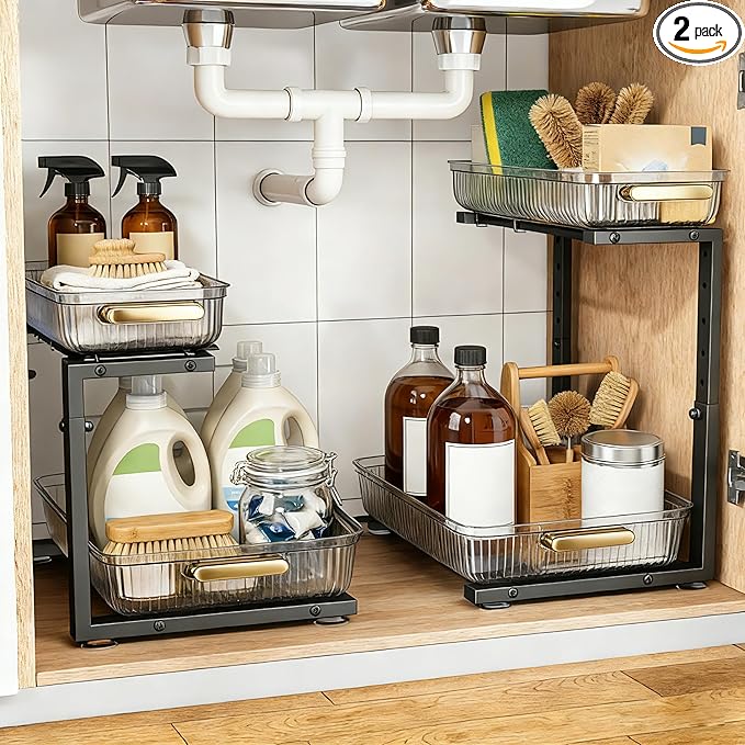 Under Sink Organizer - 2 Packs Multi-Purpose Pull-Out Storage Organizers, Slide out Pull out Cabinet Organizer Shelf, Storage for Kitchen Bathroom, Clear