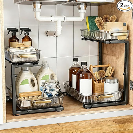 Under Sink Organizer - 2 Packs Multi-Purpose Pull-Out Storage Organizers, Slide out Pull out Cabinet Organizer Shelf, Storage for Kitchen Bathroom, Clear