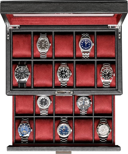 ROTHWELL 20 Slot Leather Watch box - Luxury Case Display Jewelry Organizer, - Locking Display Case Holder with Large Real Glass Top - Watch Box Organizer for Men and Women (Black/Red)