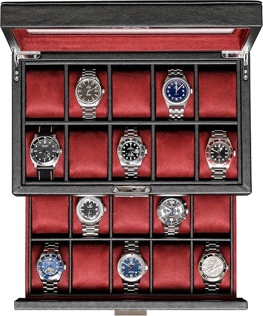 ROTHWELL 20 Slot Leather Watch box - Luxury Case Display Jewelry Organizer, - Locking Display Case Holder with Large Real Glass Top - Watch Box Organizer for Men and Women (Black/Red)