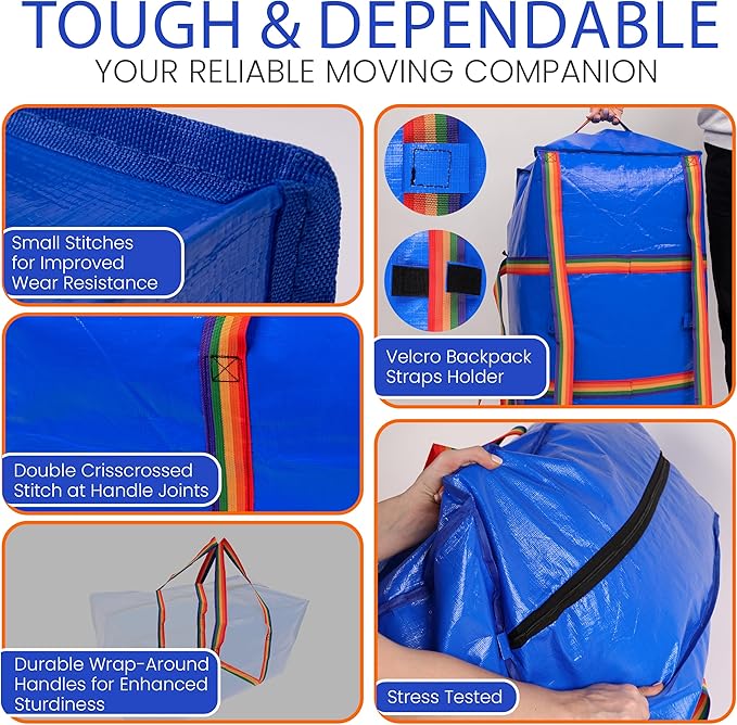 XL Moving Bags - 4 Pack Blue Storage Tote, Heavy-Duty Zipper, Colorful Carrying Handles,Versatile for Dorm, Packing, Storing, Organizing, Clothes, Blankets, Toys. Moving Boxes for Space Saving.