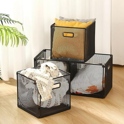 2 Pcs Foldable Metal Cube Storage Baskets 13x13 Kitchen Wire Baskets Stackable Mesh Laundry Organizer Bin with Handles for Shelves Kitchen Pantry Cabinets Closet Food (Black)