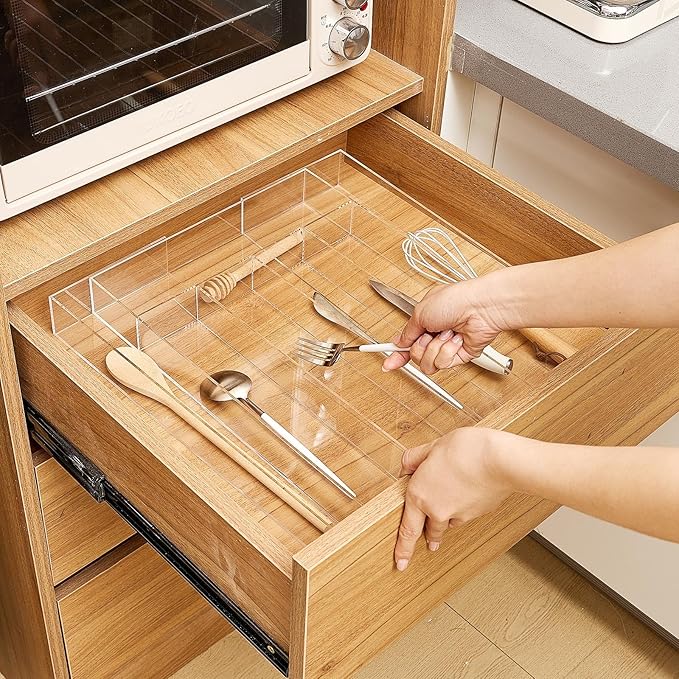 1 Pack Expandable Kitchen Drawer Organizer Clear Acrylic Utensil Organizer Adjustable Acrylic Silverware Storage for Drawers Silverware Flatware Knives (12 x 16 Inches,5-7 Compartments)