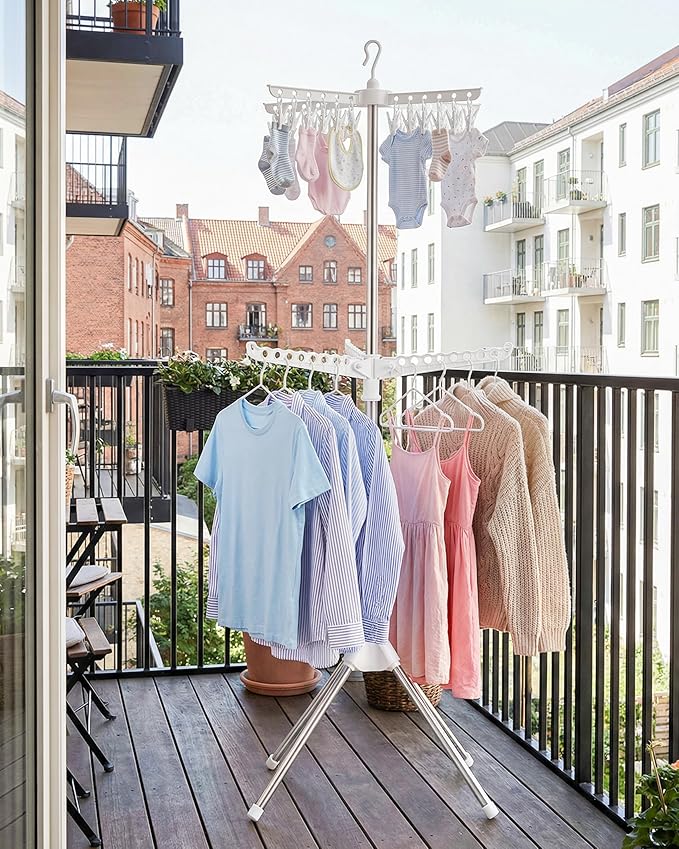 Foldable Clothes Drying Rack - 2 Tier Laundry Drying Rack, Portable Clothing Rack with Rotating Clothes Rail with 24 Clips and 3 Rotatable Arms, Suitable for Flats and Small Rooms