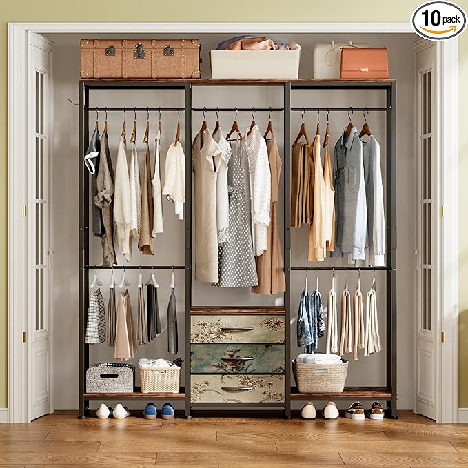 Garment Rack Heavy Duty Clothes Rack for Hanging Clothes, Freestanding Clothing Rack with 3 Fabric Drawers, Wood Stoarge Shelf, Adjustable Closet Racks, Corner L Shaped Closet System Organizers, Retro