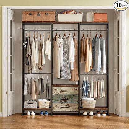Garment Rack Heavy Duty Clothes Rack for Hanging Clothes, Freestanding Clothing Rack with 3 Fabric Drawers, Wood Stoarge Shelf, Adjustable Closet Racks, Corner L Shaped Closet System Organizers, Retro