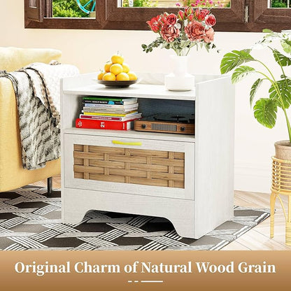 HOCAT 24" Rattan Nightstand with Storage Drawer, White Bedside Table with Semi Open Cubby, Boho Night Stand with Farmhouse Arched Base for Bedroom, Side Table, End Table for Dorm