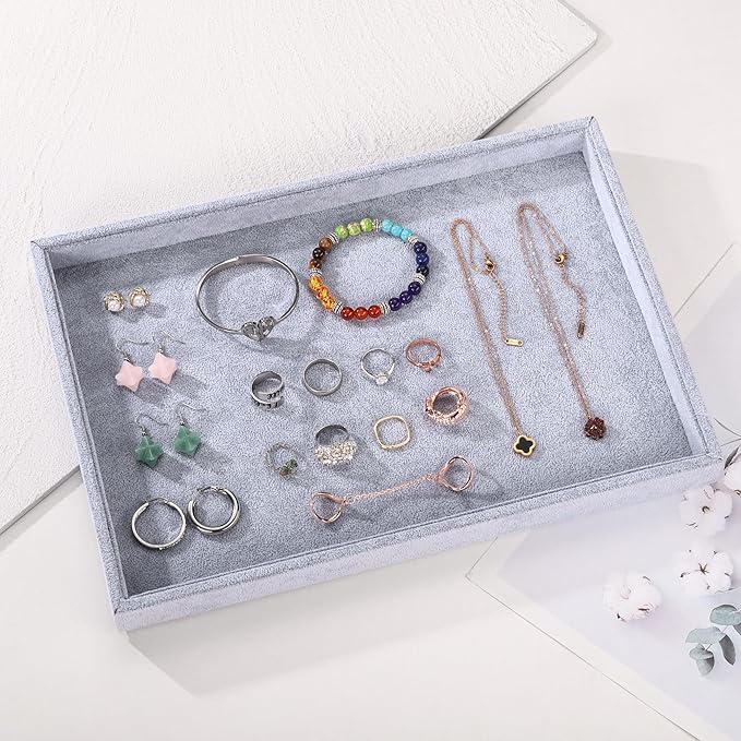 Mornajina 2 Pcs 13.8" x 9.5" Velvet Jewelry Tray Jewelry Display Tray Flat Tray, Stackable Empty Plate Trays for Earrings Necklaces Bracelet Rings Display Showcase - Grey