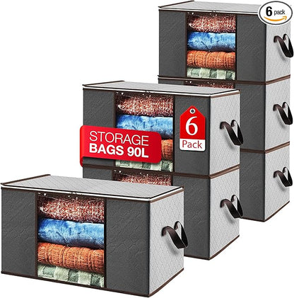 Masirs Storage Bags For Clothes - 6-Pack Collapsible Organizers for Blankets, Bedding & Clothes - Large 90L Zip Bags with Handles - Clear Durable Containers for Closet Organization (Grey)