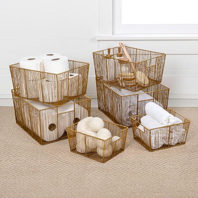 happimess BSK3000D-6SET Sutton Modern Glam Nesting Wire Metal Storage Baskets for Shelves, Cabinets, Pantry, Countertop, Mesh Open Bin Basket for Organizing Supplies, Gold (Set of 6)