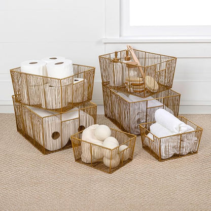 happimess BSK3000D-6SET Sutton Modern Glam Nesting Wire Metal Storage Baskets for Shelves, Cabinets, Pantry, Countertop, Mesh Open Bin Basket for Organizing Supplies, Gold (Set of 6)
