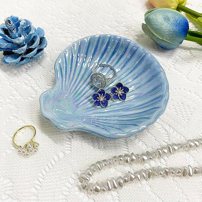 Shell Jewelry Dish Tray for Women, Ceramic Seashell Jewelry Ring Holder Dish, Jewelry Plate Trinket Dish for Necklace, Earring, Ring, Mother's Day Christmas Gift, 3.9", Sky Blue Iridescent Surface