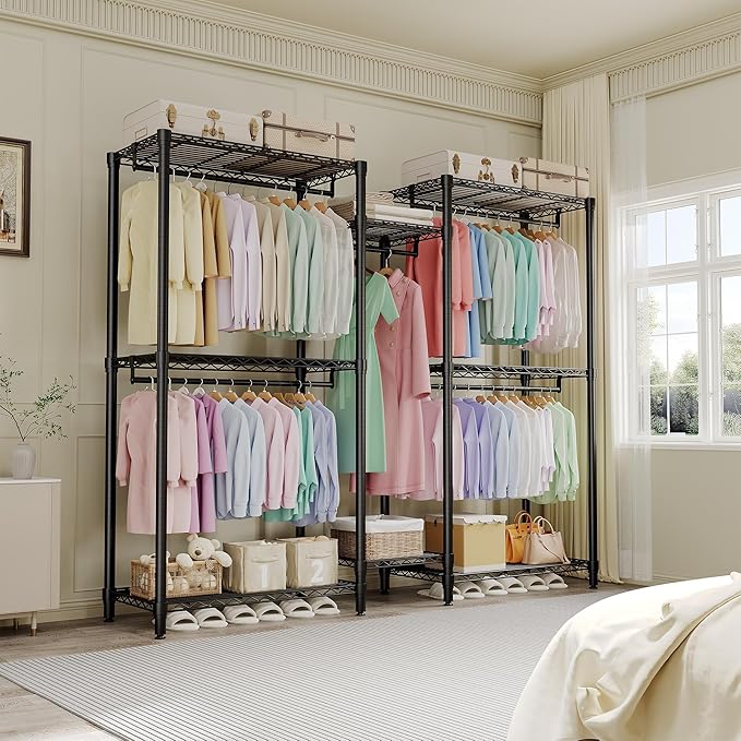 Portable Clothes Rack Heavy Duty Garment Rack, Large Freestanding Closet Wardrobe with Adjustable Shelves & 5 Hanging Rods, Closet Organizer and Storage for Bedroom Cloakroom, 76.5"H x 73.6"L x 17.4"W