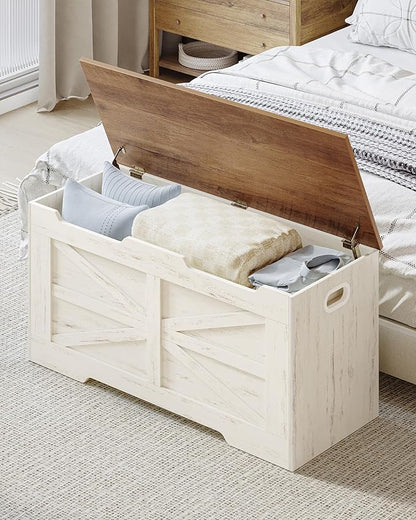 39.4" Storage Chest, Extra Large Storage Trunk with 2 Hinges, Wooden Box Bench, Lift-Top Organizer Chest, Shoe Bench for Entryway, Bedroom, Living Room, White and Brown SB03414X