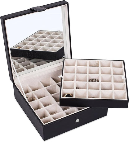 Internet's Best Faux Leather Grid Jewelry Box - 2-Tier Jewelry Organizer with 25 Slot for Rings, Earrings, Bracelets & Necklaces - Modern Style & Elegant Case with Velvet Lining & Mirror - Black