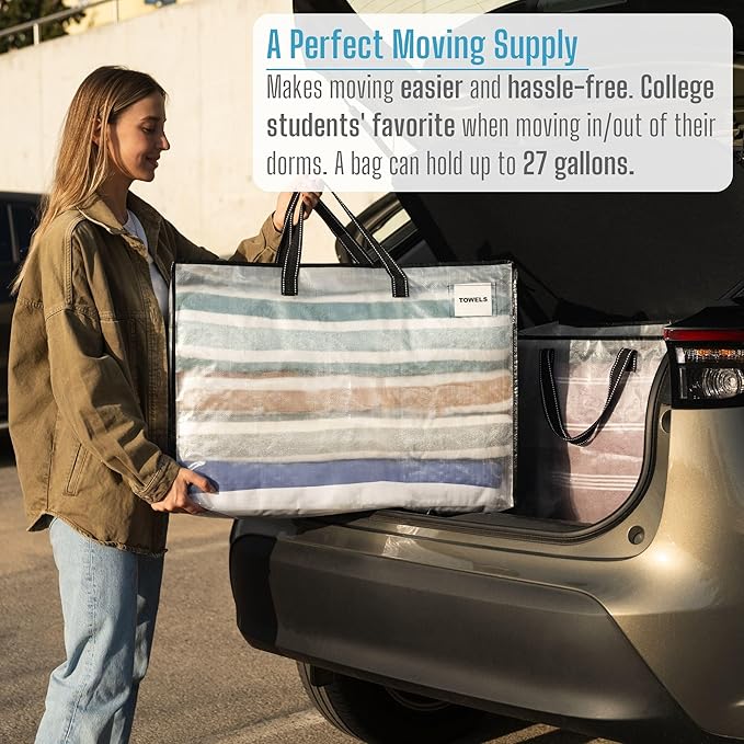 VENO 4 Pack Moving Bags, Christmas Storage Containers, Storage Totes, Zipper On Top, Sturdy, Storage Bags for Camping, Clothes, Bedding, Comforters, Pillows (27 Gallon Clear, 4 Pack)